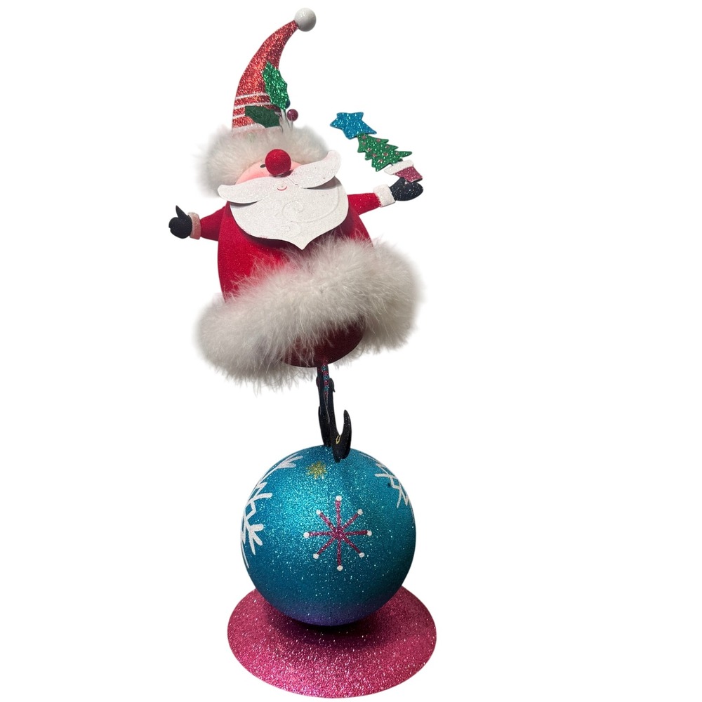 Vintage Pier 1 Whimsical Santa Figurine Glitter Ornament Base Faux Fur Red Teal